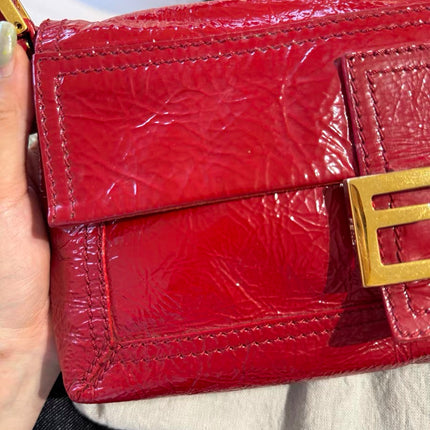 FENDI Baguette Red Crinkled Patent Leather Shoulder Bag