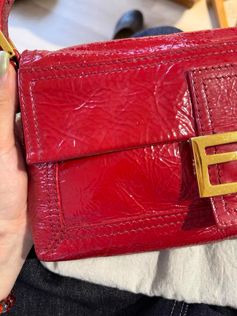 FENDI Baguette Red Crinkled Patent Leather Shoulder Bag