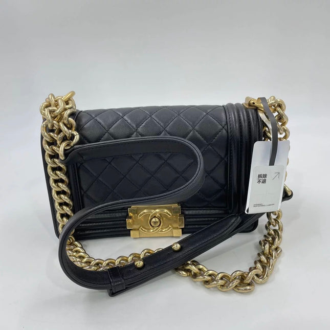 Chanel Le Boy Small Black Lambskin Leather Antiqued Gold Hardware
