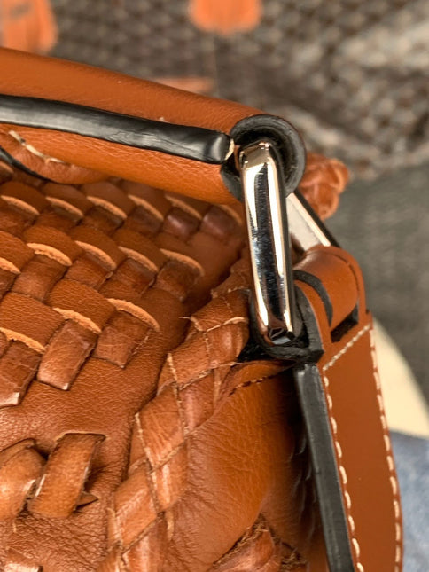 Loewe Puzzle Small Leather Woven Braided Tan Brown Crossbody Bag