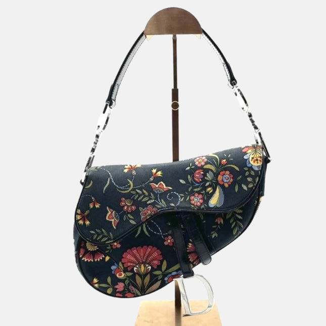 Dior Saddle Black Denim with Floral Embroidery John Galliano Design