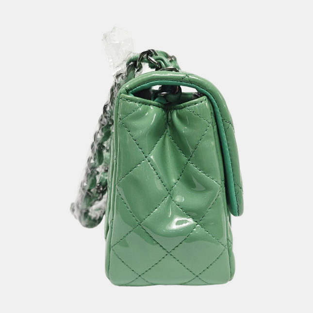 Chanel Classic Flap Mini Square Light Green Patent Leather Silver Hardware