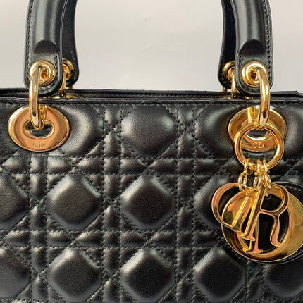 Sold Lady Dior Medium Black Cannage Lambskin Leather Gold Hardware