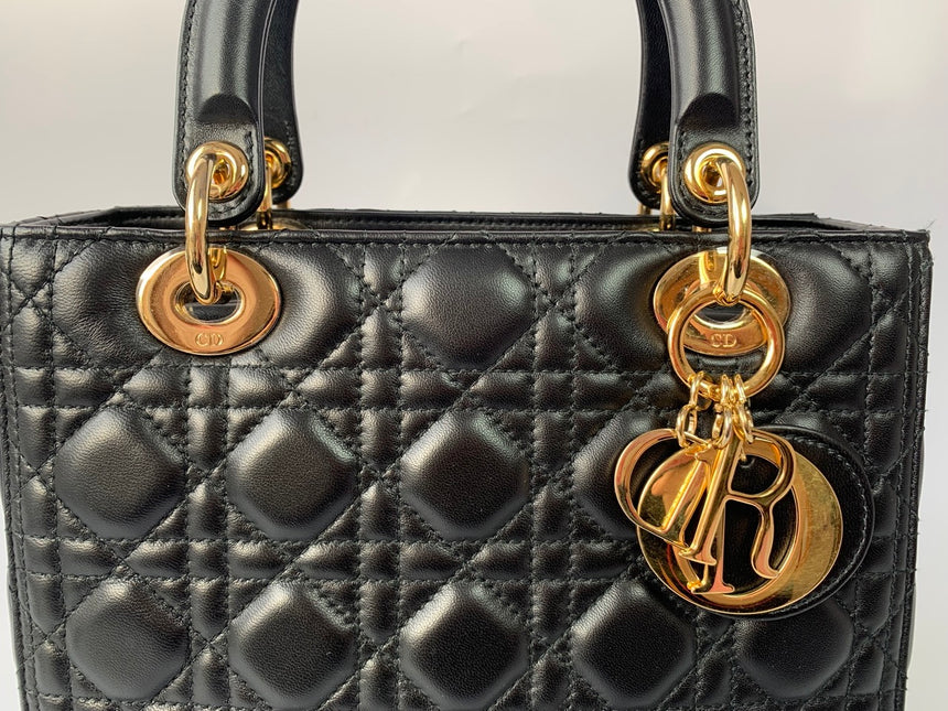 Sold Lady Dior Medium Black Cannage Lambskin Leather Gold Hardware