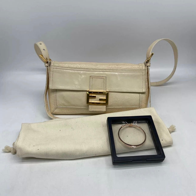 FENDI Baguette White Crinkled Patent Leather Shoulder Bag