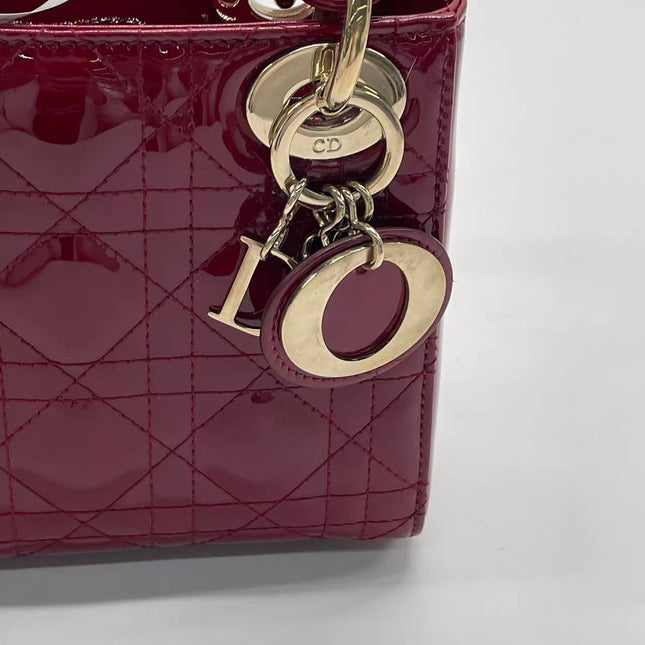 Lady Dior Mini 2020 Red Burgundy Patent Leather Gold Hardware Suede Interior Chain Strap