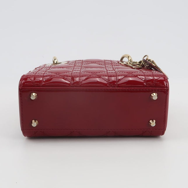 Lady Dior Mini 2019 Red Burgundy Patent Leather Gold Hardware Suede Interior Chain Strap
