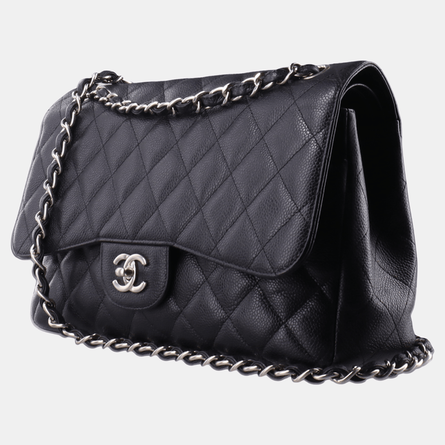 Sold Chanel Classic Flap Jumbo 2010 Black Caviar Leather Double Flap with Silver Hardware
