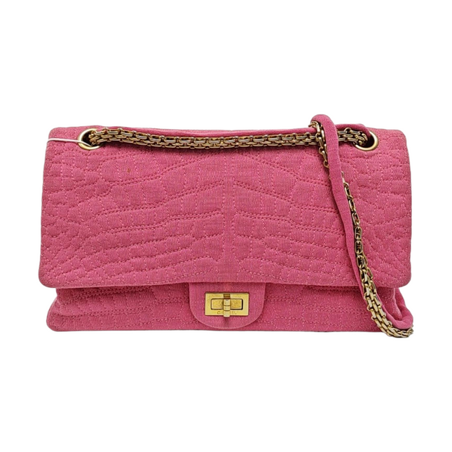 Chanel 2.55 Jumbo Double Flap Pink Fabric Crocodile Print Gold-tone Hardware-Luxbags
