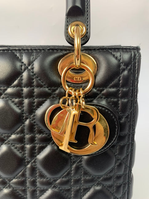 Sold Lady Dior Medium Black Cannage Lambskin Leather Gold Hardware