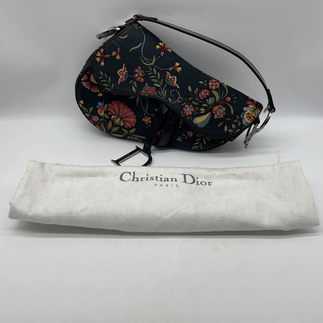 Dior Saddle Black Denim with Floral Embroidery John Galliano Design