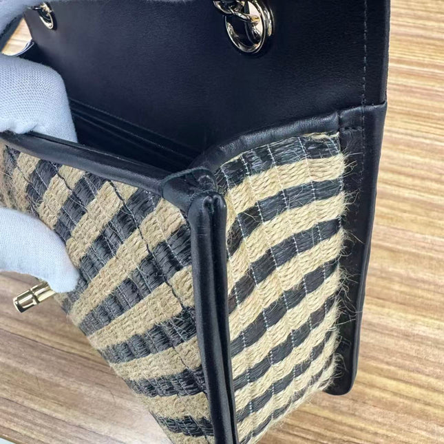 Chanel Medium Raffia Jute Striped Flap Bag Black Diamond Wild Stitch