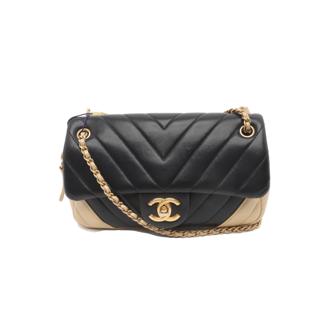 Chanel Small Bicolor Chevron Lambskin Single Flap Bag Black and Gold, 2014-15-Luxbags