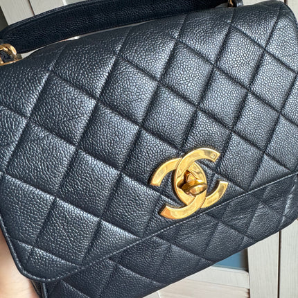 Chanel Classic Flap Vintage Navy Black Caviar Leather 24k Gold Plated Giant CC Logo, 1994-96