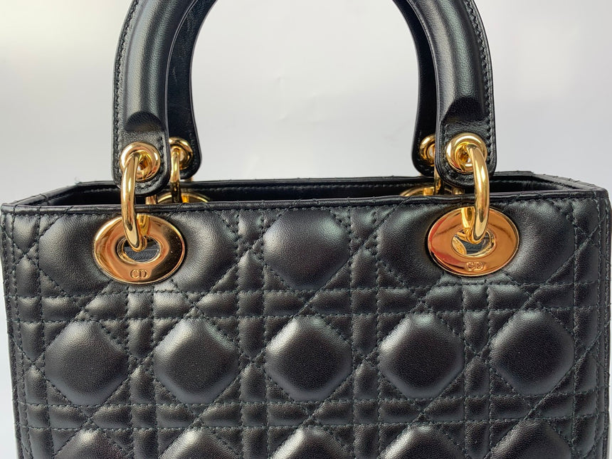 Sold Lady Dior Medium Black Cannage Lambskin Leather Gold Hardware