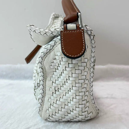 Loewe Puzzle Small Leather Woven Braided White Crossbody Bag