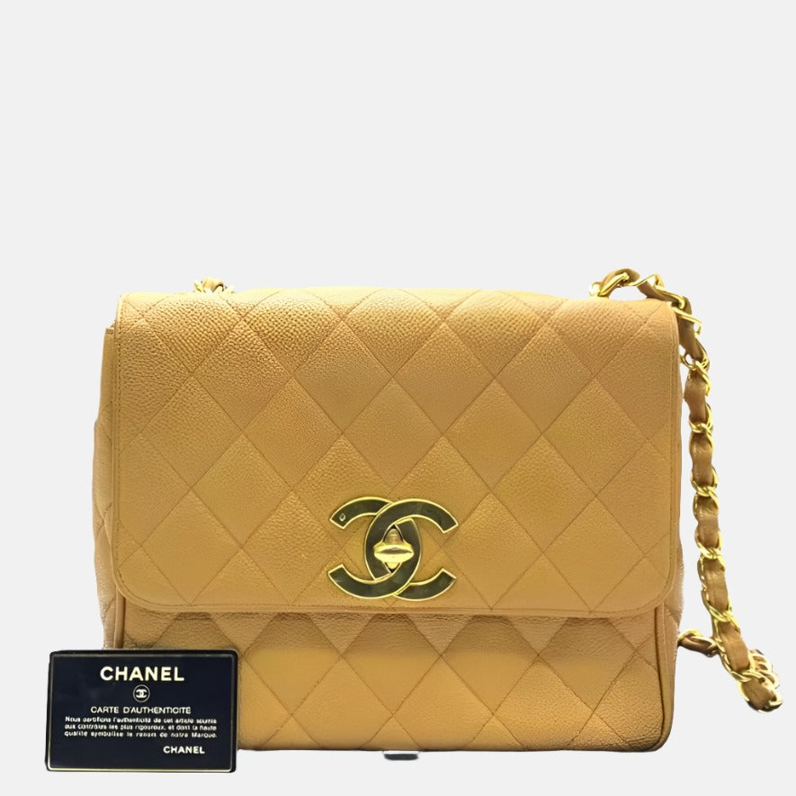 Chanel Classic Flap Vintage Camel Caviar Leather 24k Gold Plated Big CC Logo