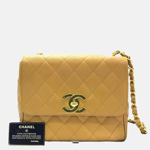 Chanel Classic Flap Vintage Camel Caviar Leather 24k Gold Plated Giant CC Logo