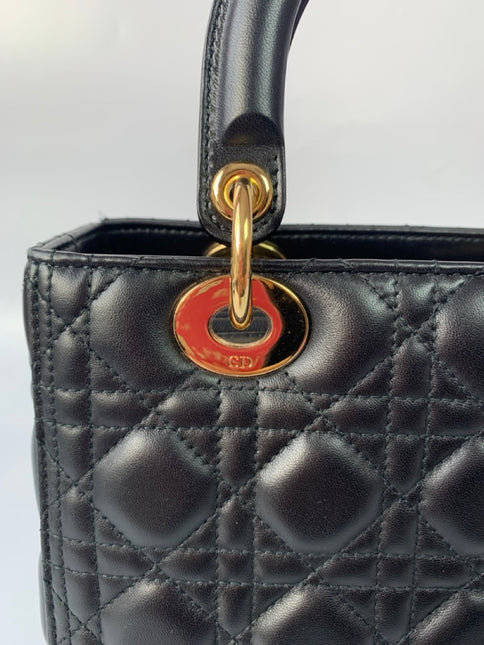 Sold Lady Dior Medium Black Cannage Lambskin Leather Gold Hardware