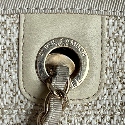 Chanel Deauville Tote Gold Beige Cloth Leather Chain Strap Small 34cm