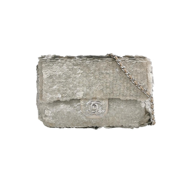Chanel Paillette Flap Bag Rectangular Mini Glitter Sequins Silver-Luxbags