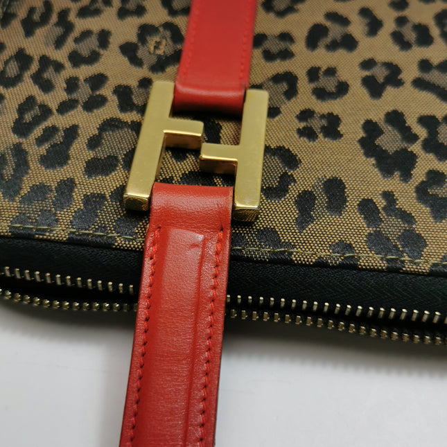 Fendi Clutch Denim Leopard Print with Red Leather Handles