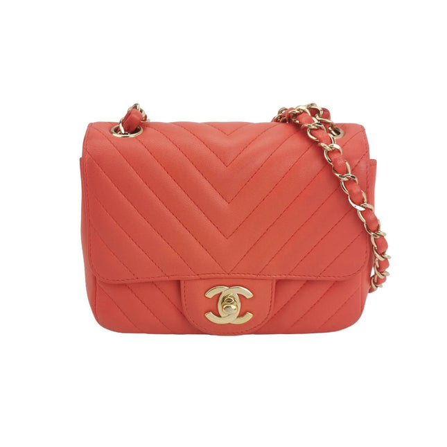 Chanel Classic Flap Square 2019 Coral Orange Chevron Lambskin Leather Bag-Luxbags