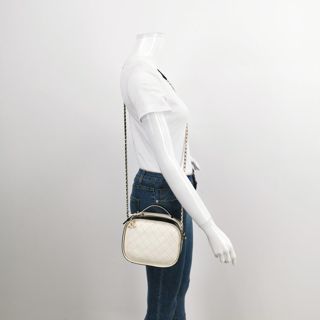Chanel White and Black Small Crumpled Calfskin Vanity Case Crossbody Bag