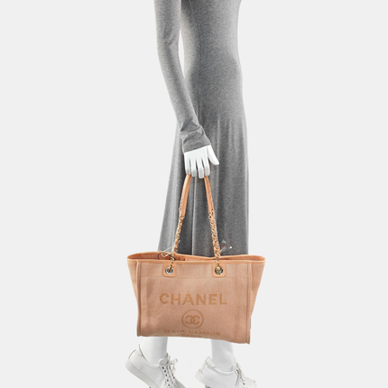 Chanel Deauville Tote coral Pink Cloth Leather Chain Strap Small 34cm