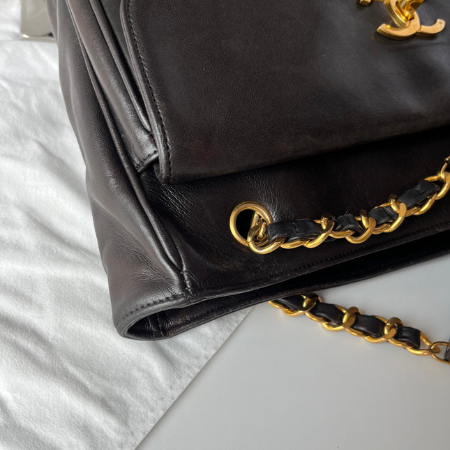 Chanel Vintage Front Pocket Tote Chocolate Brown Leather Double Gold Leather Chain