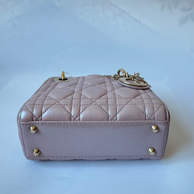 Lady Dior Mini Pearlescent Pink Lambskin Leather Gold HW Chain Strap