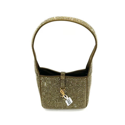 Yves Saint Laurent YSL Le 5 A 7 Hobo Mini Brown Silk Crystals Shoulder Bag