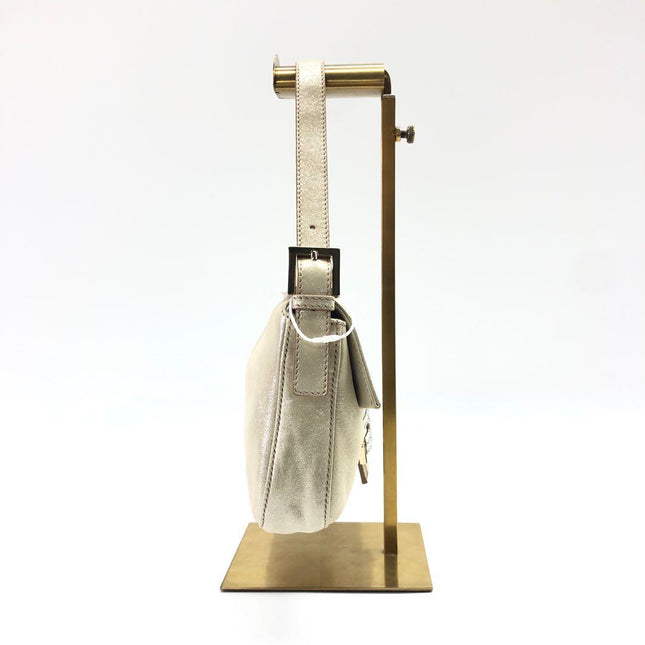 FENDI Baguette 1997 White Pearlescent Fabric Crystal Buckle Shoulder Bag