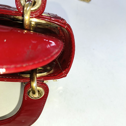 Lady Dior Mini Handbag Burgundy Red Patent Leather Gold-tone Chain Strap