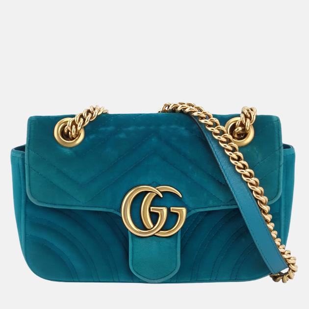 Gucci Marmont Mini Flap Blue Velvet Handbag-Luxbags