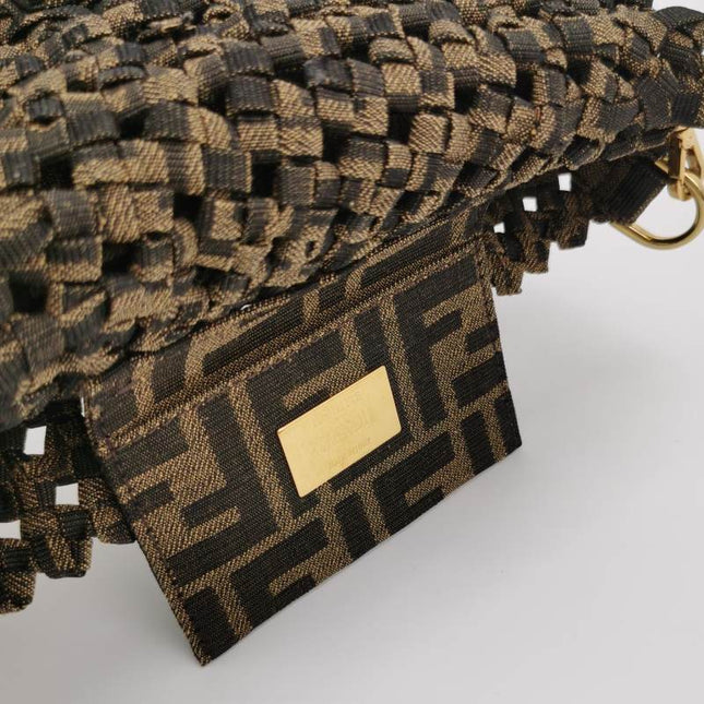Fendi Baguette Mini Canvas Crochet Zucca Dark Green and Gold Hardware