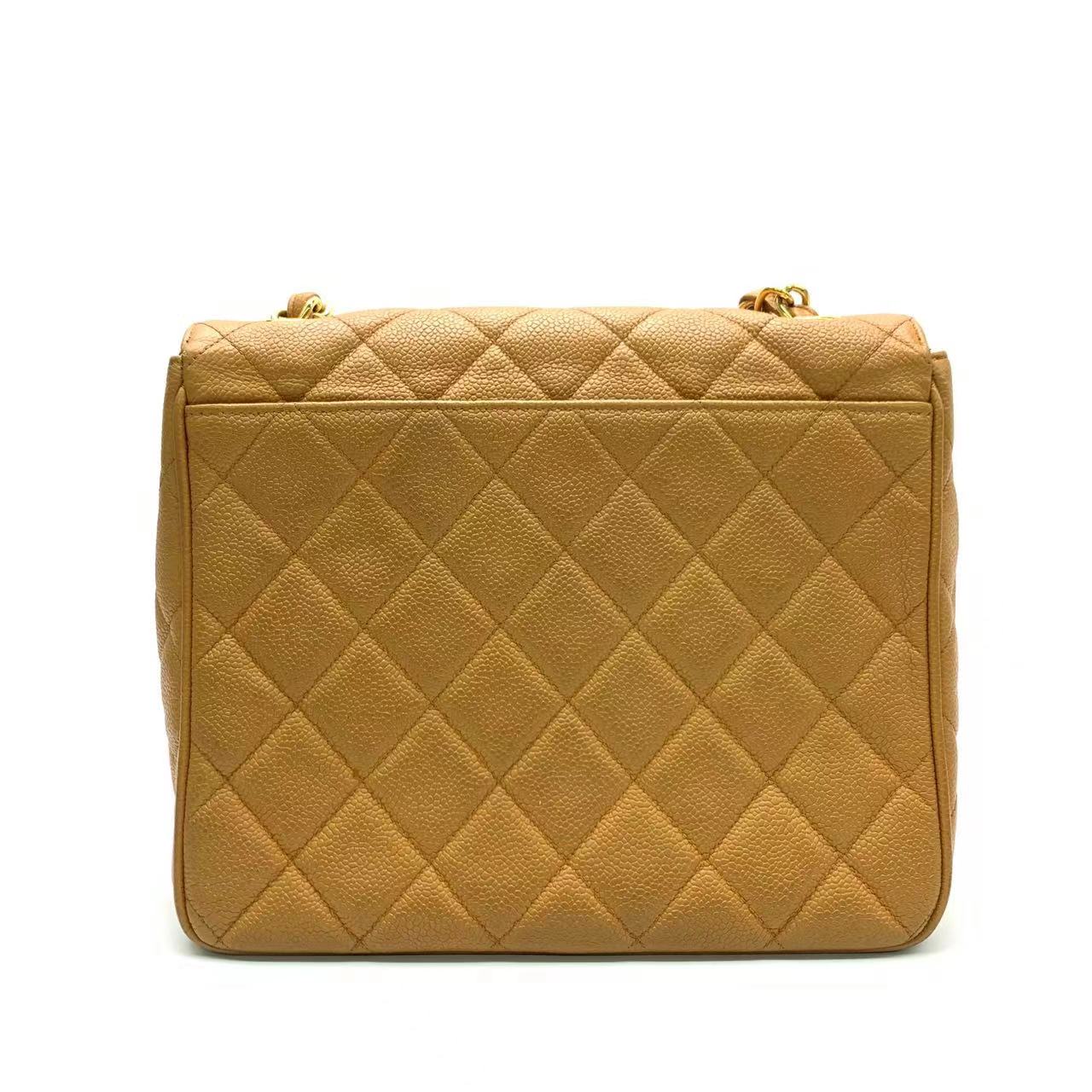 Chanel Classic Flap Vintage Camel Caviar Leather 24k Gold Plated Giant CC Logo