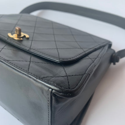 Chanel Vintage Kelly Style Black Leather Shoulder Bag Diamond Stitch Medium