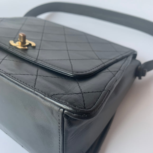 Chanel Vintage Kelly Style Black Leather Shoulder Bag Diamond Stitch Medium