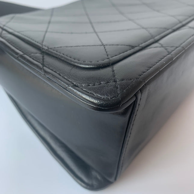 Chanel Vintage Kelly Style Black Leather Shoulder Bag Diamond Stitch Medium