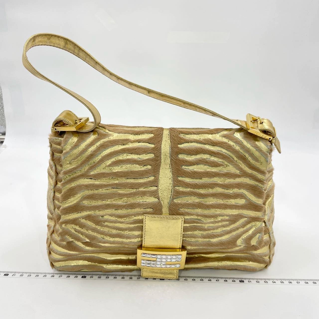 Fendi Mamma Baguette Gold Lambskin Leather Pony-style Zebra Stripes-Luxbags