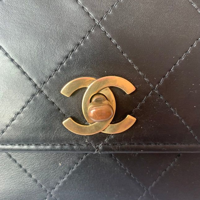 Chanel Vintage Kelly Style Black Leather Shoulder Bag Diamond Stitch Medium