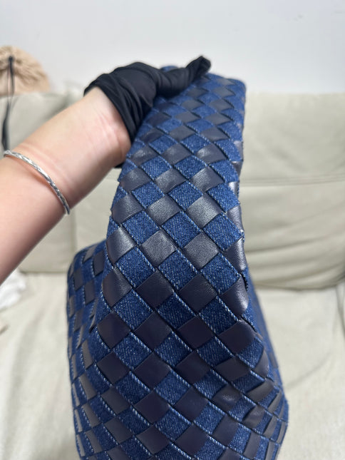 Bottega Veneta Hop Large Leather and Denim Intrecciato Navy Hobo Bag 55cm