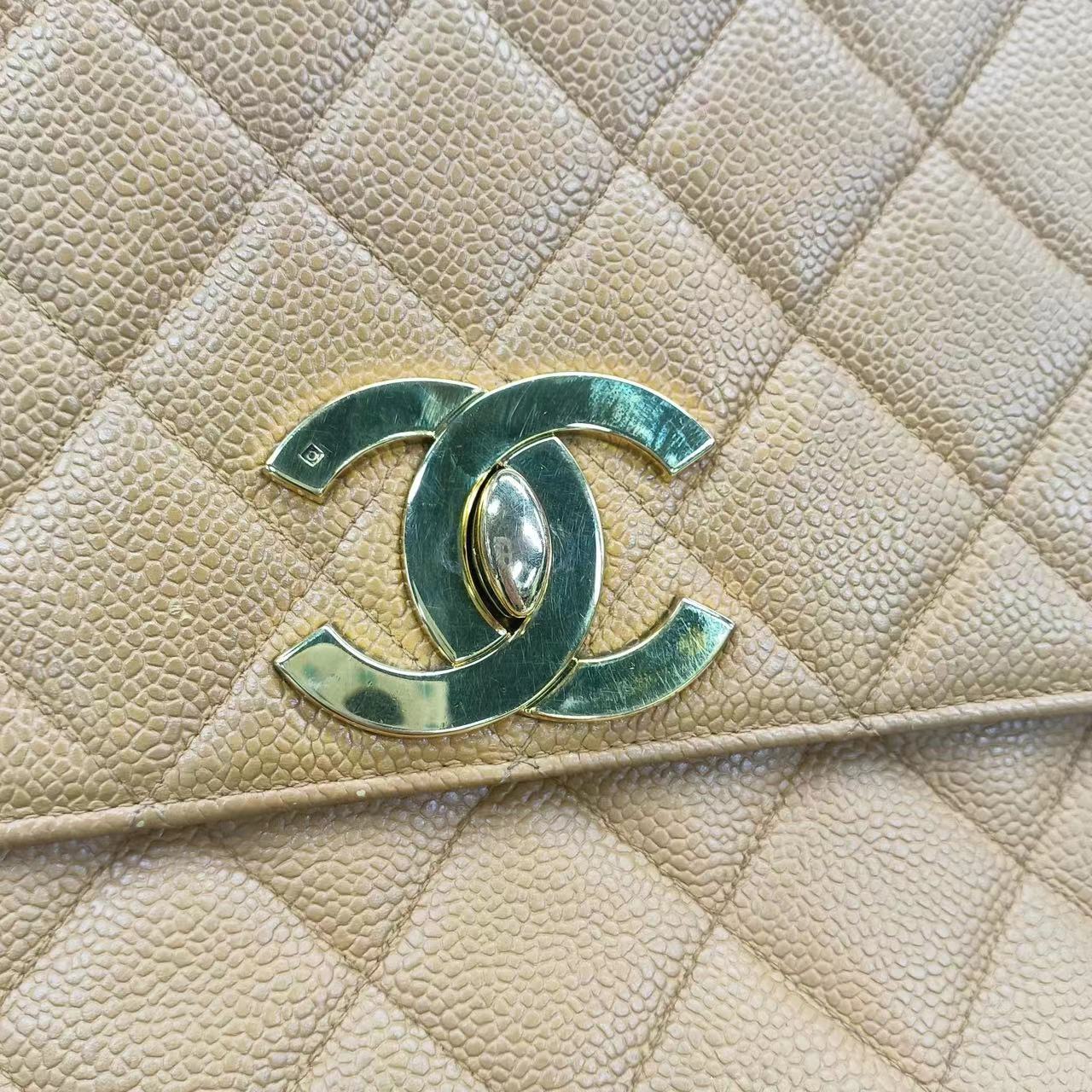 Chanel Classic Flap Vintage Camel Caviar Leather 24k Gold Plated Giant CC Logo