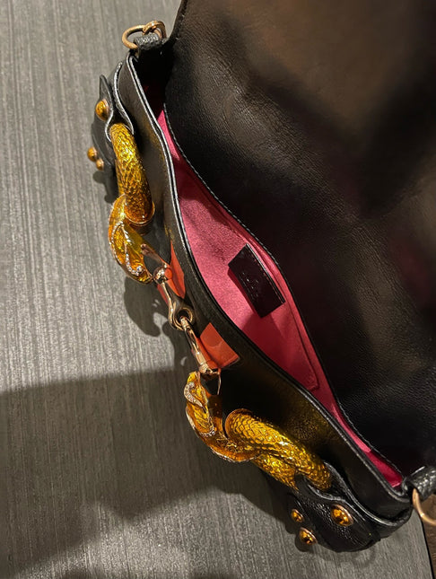Gucci Horsebit 1955 Small Black Leather Embellished Snake Head Buckle