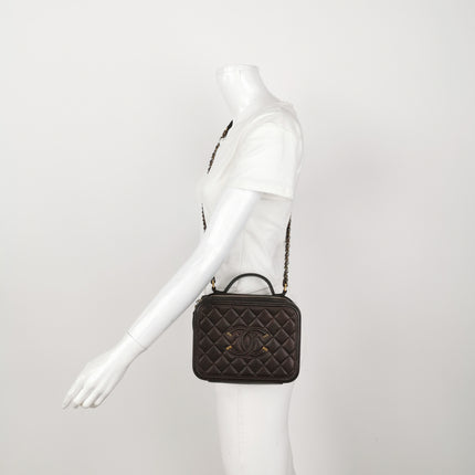 Chanel Filigree Medium Vanity Case Iridescent Burgundy Caviar Leather Top Handle with Chain