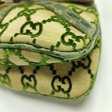 Gucci Jeweled Dragon Bag Green Crocodile and GG Velvet Bamboo Chain Strap Shoulder Bag