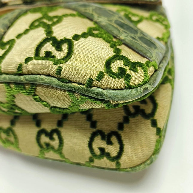 Gucci Jeweled Dragon Bag Green Crocodile and GG Velvet Bamboo Chain Strap Shoulder Bag
