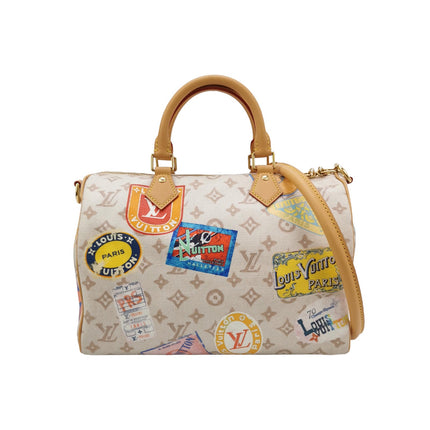 Louis Vuitton Speedy 30 Bandouliere Monogram Hotel Labels White Multicolor
