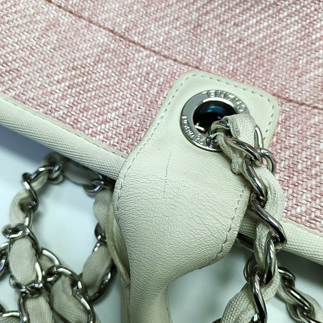 Chanel Deauville Tote Medium Pink Denim White Leather Top Handle